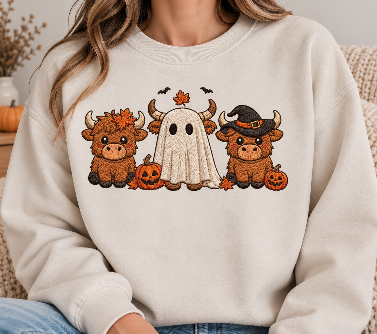 Highland Cow Halloween Embroidered Crewneck